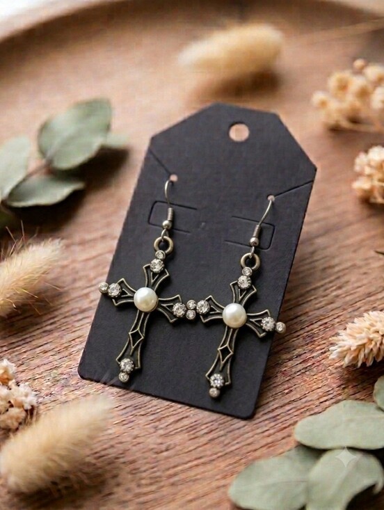 Jewelry - Pearl Cross Drop Earrings - Antique Silver Tone